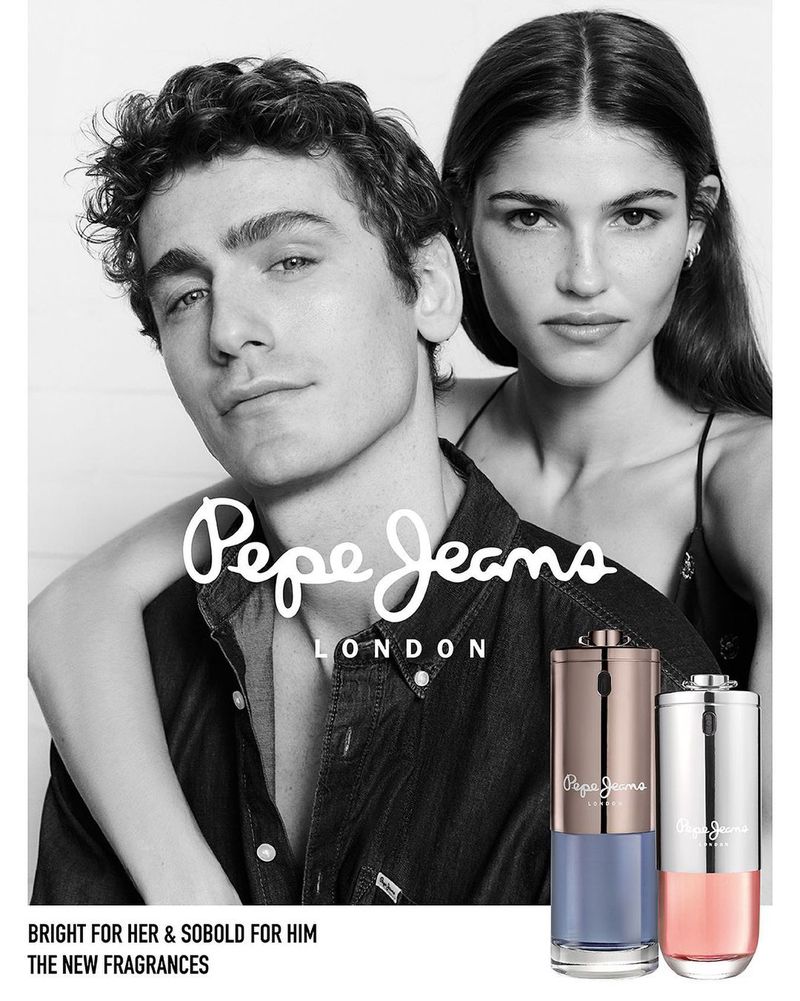 Models Tom Webb and Julieta Gracia front Pepe Jeans' fragrance advertisement featuring 'Bright for Her' and 'So Bold for Him.'